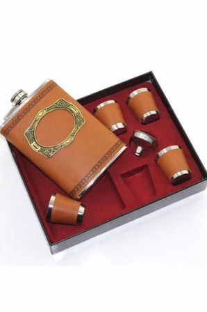 Çelik Matara Premium Hediye Seti Taba Deri Kaplamalı içki  Matarası 4 Shot Bardaklı Lüks Hediyelik