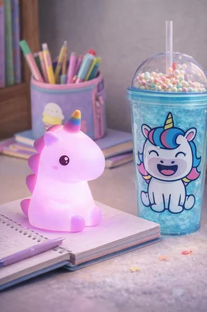 2'li Set RGB Led Unicorn Gece Lambası Yumuşak Silikon – Mavi Unicorn Tema 450 ml Çift Katman Suluk 