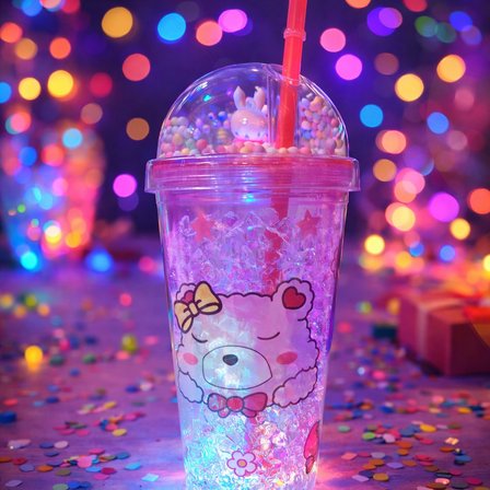 Bear Suluk Pipetli Buzlu Cam Görünümlü Led Işıklı 450 ML Çift Katman Mika 2093 Pembe