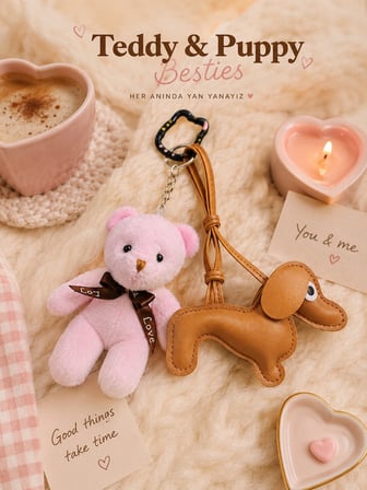 2 Li Set Pelus Ayicik & Kopek Charm Anahtarlik Seti – Kawaii Canta Aksesuari Kedili Kanca