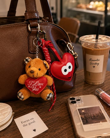 3 Lü Set Sevimli Ayıcık & Kalp Charm Anahtarlık Seti – Çanta Aksesuarı - Kedili Kanca