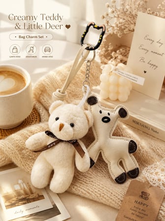 2 Li Set Peluş Ayıcık & Mini Geyik Çanta Charmı – Çanta Aksesuarı - Kedili Kanca