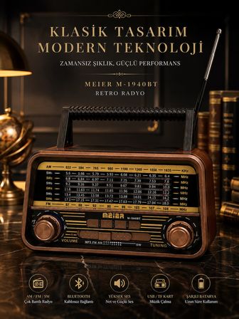 Retro Radyo Bluetoothlu Nostaljik Yüksek Ses Çıkışlı - Şarjlı Radyo MP3 Müzik Çalar MEIER M-1940BT 