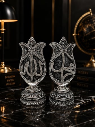 Dekoratif Allah Muhammed Yazılı İkili Set, Taş İşlemeli Metal Kaplama İslami Dekorasyon Biblo, 20 cm