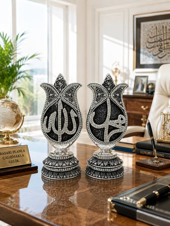 Dekoratif Allah Muhammed Yazılı İkili Set, Taş İşlemeli Metal Kaplama İslami Dekorasyon Biblo, 20 cm