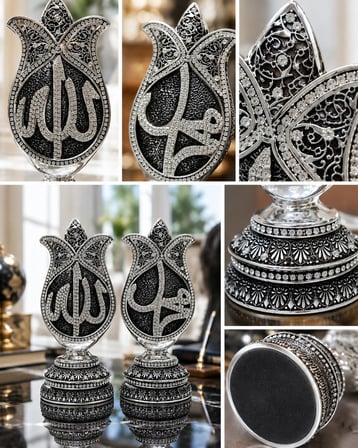 Dekoratif Allah Muhammed Yazılı İkili Set, Taş İşlemeli Metal Kaplama İslami Dekorasyon Biblo, 20 cm