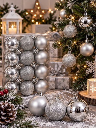 12'li Set 4 CM Gümüş Yılbaşı Ağacı Süsü – Mat, Simli ve Parlak Karışık Çam Ağacı Topu Noel Süsü