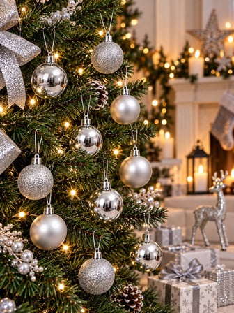 12'li Set 4 CM Gümüş Yılbaşı Ağacı Süsü – Mat, Simli ve Parlak Karışık Çam Ağacı Topu Noel Süsü