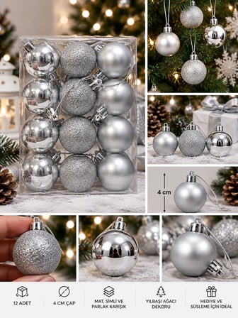 12'li Set 4 CM Gümüş Yılbaşı Ağacı Süsü – Mat, Simli ve Parlak Karışık Çam Ağacı Topu Noel Süsü