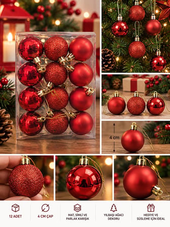12'li Set 4 CM Kırımızı Yılbaşı Ağacı Süsü – Mat, Simli ve Parlak Karışık Çam Ağacı Topu Noel Süsü