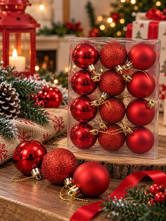 12'li Set 4 CM Kırımızı Yılbaşı Ağacı Süsü – Mat, Simli ve Parlak Karışık Çam Ağacı Topu Noel Süsü