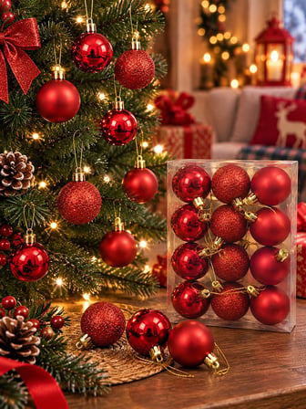 12'li Set 4 CM Kırımızı Yılbaşı Ağacı Süsü – Mat, Simli ve Parlak Karışık Çam Ağacı Topu Noel Süsü