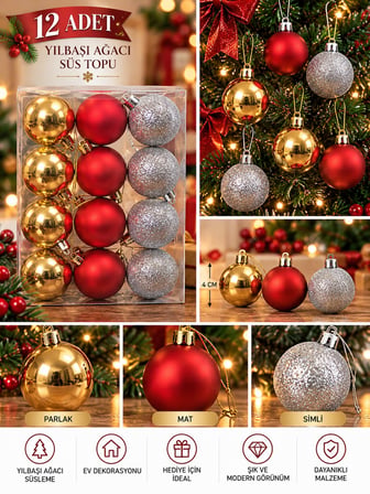 12'li Set 4 CM Karışık Yılbaşı Ağacı Süsü – Mat, Simli ve Parlak Karışık Çam Ağacı Topu Noel Süsü