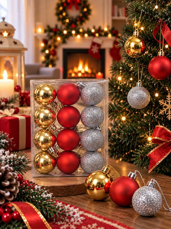 12'li Set 4 CM Karışık Yılbaşı Ağacı Süsü – Mat, Simli ve Parlak Karışık Çam Ağacı Topu Noel Süsü