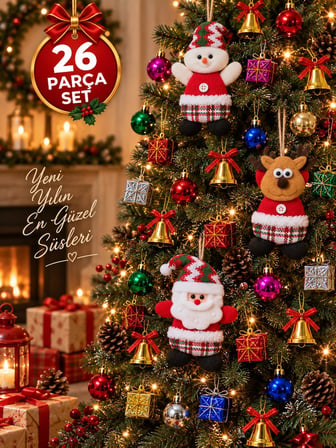 26 Parça Yılbaşı Ağacı Süs Seti Noel Baba Kardan Adam Geyik Top Çan Hediye Paketi Dekorasyon
