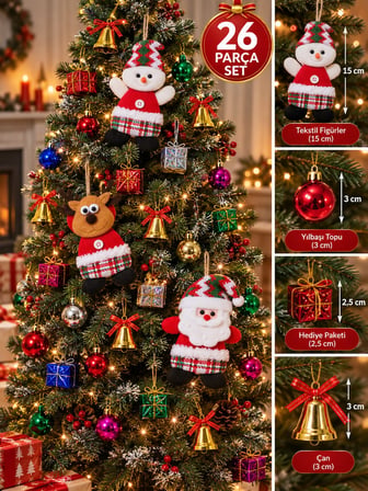 26 Parça Yılbaşı Ağacı Süs Seti Noel Baba Kardan Adam Geyik Top Çan Hediye Paketi Dekorasyon