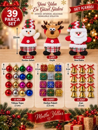 39 Parça Yılbaşı Ağacı Süs Seti Noel Baba Kardan Adam Geyik Top Çan Hediye Paketi Dekorasyon