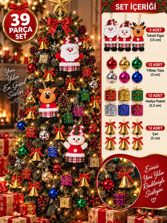 39 Parça Yılbaşı Ağacı Süs Seti Noel Baba Kardan Adam Geyik Top Çan Hediye Paketi Dekorasyon