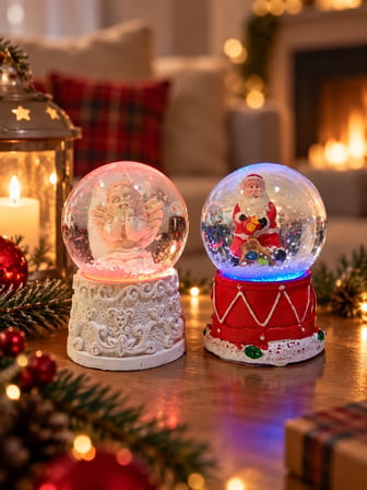 2'li Set Işıklı Kar Küresi 6,5 cm Yılbaşı Dekoratif Kar Küresi Noel Baba ve Melek Figürlü
