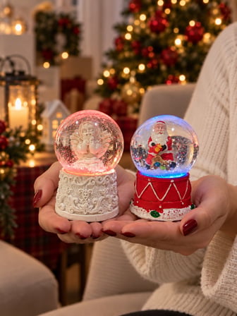 2'li Set Işıklı Kar Küresi 6,5 cm Yılbaşı Dekoratif Kar Küresi Noel Baba ve Melek Figürlü