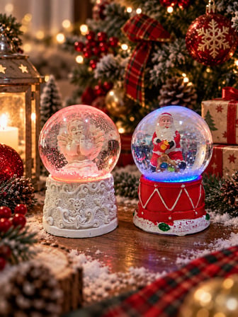 2'li Set Işıklı Kar Küresi 6,5 cm Yılbaşı Dekoratif Kar Küresi Noel Baba ve Melek Figürlü