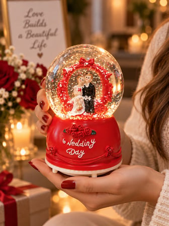 Işıklı Müzikli Kar Küresi – 12 cm Gelin Damat Temalı Dekoratif Sevgiliye Eşe Hediyelik