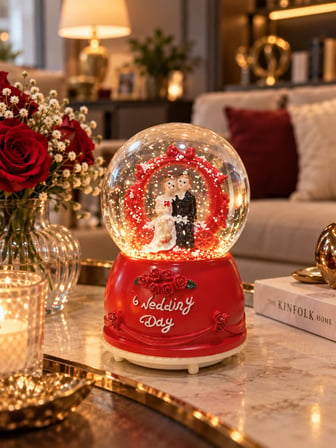 Işıklı Müzikli Kar Küresi – 12 cm Gelin Damat Temalı Dekoratif Sevgiliye Eşe Hediyelik