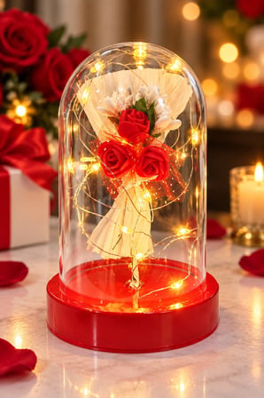 Işıklı Mika Fanus İçinde Mini Kırmızı Gül Buketi Romantik Sevgiliye Hediye Dekoratif Aranjman 14 cm