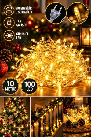 10 Metre 100 LED Eklemeli Gün Işığı Peri LED Şerit Işık Tak Çalıştır Yılbaşı Dekorasyon