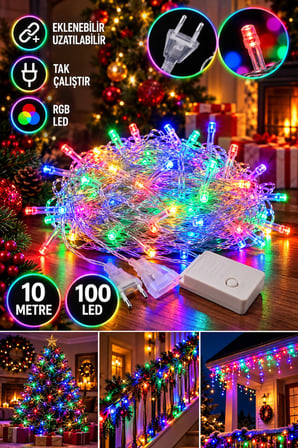 10 Metre 100 LED RGB Eklemeli Renkli Peri LED Işık Tak Çalıştır Yılbaşı Dekorasyon