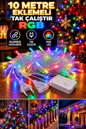 10 Metre 100 LED RGB Eklemeli Renkli Peri LED Işık Tak Çalıştır Yılbaşı Dekorasyon