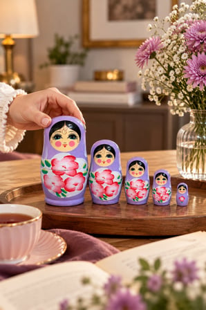 5’li Matruşka Bebek Seti El Boyaması Çiçek Desenli Dekoratif Ahşap Rus Bebekleri 12 cm Mor