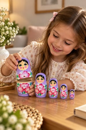 5’li Matruşka Bebek Seti El Boyaması Çiçek Desenli Dekoratif Ahşap Rus Bebekleri 12 cm Mor