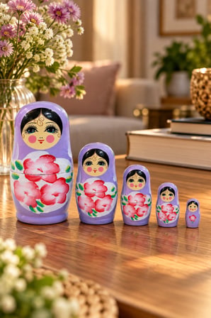 5’li Matruşka Bebek Seti El Boyaması Çiçek Desenli Dekoratif Ahşap Rus Bebekleri 12 cm Mor