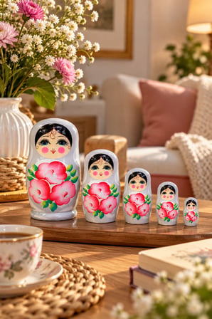 5’li Matruşka Bebek Seti El Boyaması Çiçek Desenli Dekoratif Ahşap Rus Bebekleri 12 cm Gri