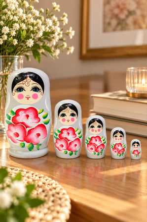5’li Matruşka Bebek Seti El Boyaması Çiçek Desenli Dekoratif Ahşap Rus Bebekleri 12 cm Gri