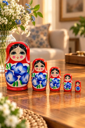 5’li Matruşka Bebek Seti El Boyaması Çiçek Desenli Dekoratif Ahşap Rus Bebekleri 12 cm Kırmızı