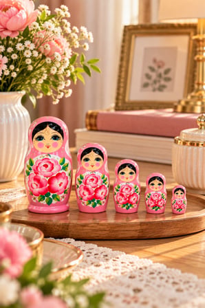 5’li Matruşka Bebek Seti El Boyaması Çiçek Desenli Dekoratif Ahşap Rus Bebekleri 12 cm Pembe