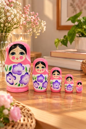 5’li Matruşka Bebek Seti El Boyaması Çiçek Desenli Dekoratif Ahşap Rus Bebekleri 12 cm Pembe