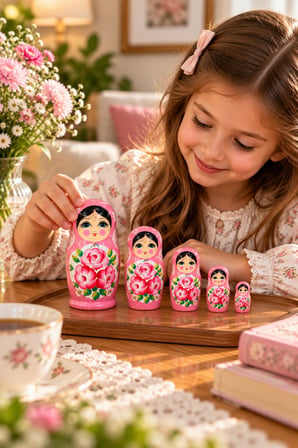 5’li Matruşka Bebek Seti El Boyaması Çiçek Desenli Dekoratif Ahşap Rus Bebekleri 12 cm Pembe