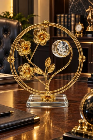 Gold Metal Dekoratif Obje 18x18 cm Cam Küreli Çiçek ve Kelebek Figürlü Masa Süsü