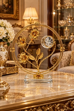 Gold Metal Dekoratif Obje 18x18 cm Cam Küreli Çiçek ve Kelebek Figürlü Masa Süsü
