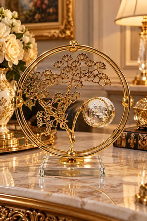 Gold Metal Dekorasyon Ürünü 18x18 cm Cam Küreli Zarif Salon Aksesuarı