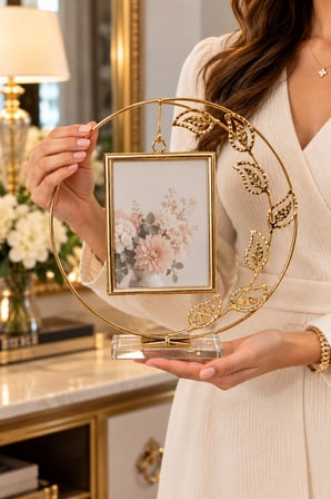 Gold Yaprak Desenli Dekoratif Fotoğraf Çerçevesi 27x26 cm Şık Metal Resimlik