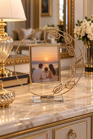 Gold Yaprak Desenli Dekoratif Fotoğraf Çerçevesi 27x26 cm Şık Metal Resimlik