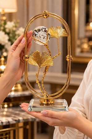 Gold Ginkgo Yapraklı Kristal Küreli Metal Cam Dekoratif Obje 21x10 cm Şık Masa Süsü
