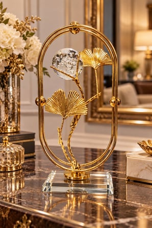 Gold Ginkgo Yapraklı Kristal Küreli Metal Cam Dekoratif Obje 21x10 cm Şık Masa Süsü