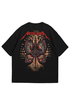 Kadın Erkek Siyah Butter Fly Metallica Baskılı Oversize Bisiklet Yaka Kısa Kollu T-Shirt