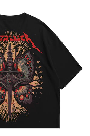 Kadın Erkek Siyah Butter Fly Metallica Baskılı Oversize Bisiklet Yaka Kısa Kollu T-Shirt