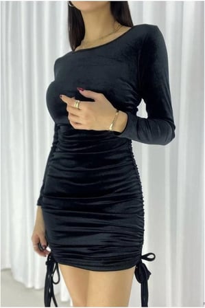 SALMORE Kadife Elbise Abiye Dik Yaka Büzgülü Kumaş · Renk: Saks · Beden: M BTY